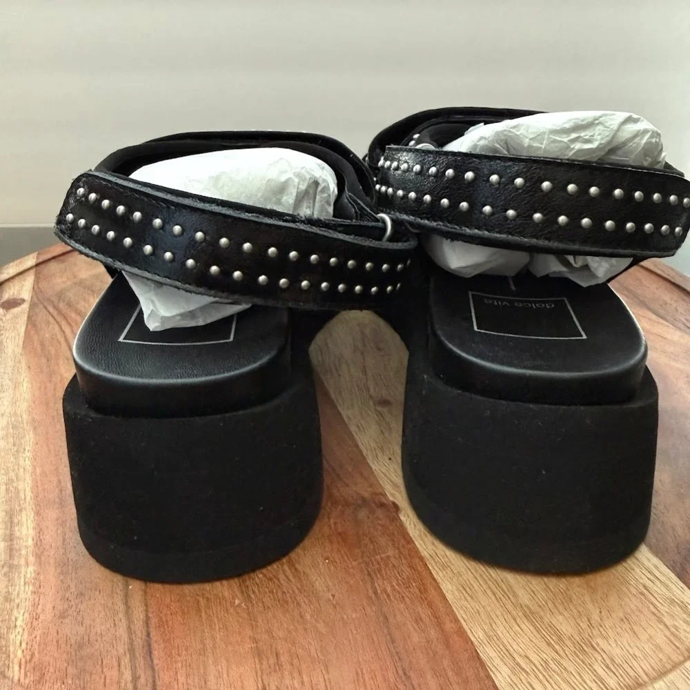 Dolce Vita Dubai Stud Midnight Black Womens 7.5 Crinkle Patent Platform Sandals‎